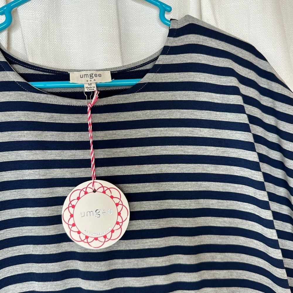 Umgee Dress Woman's Medium Hi Lo Hem w/ Pockets Grey & Navy Striped NWT - Picture 3 of 11